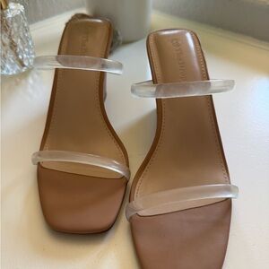 Clear-Strap Tan Slide Sandals - Women's